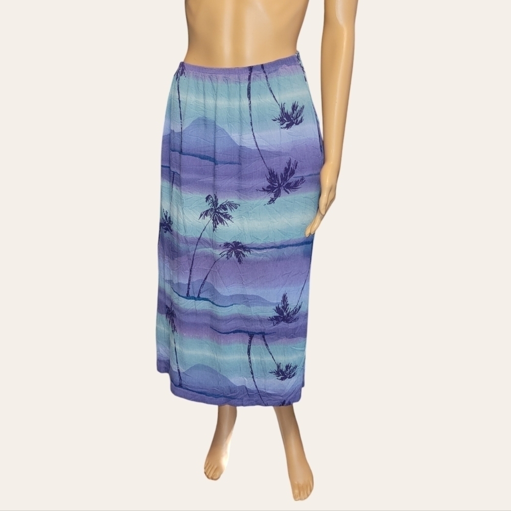 Southern Lady  Tropical Blue Palms Skirt Sz 8 Rayon Beach Travel Pockets